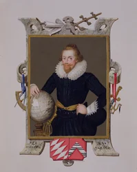 Retrato de Sir Walter Raleigh (c.1552-1618) de &39;Memórias do Tribunal da Rainha Elizabeth&39;, publicado em 1825 (wc e guache sobre papel)